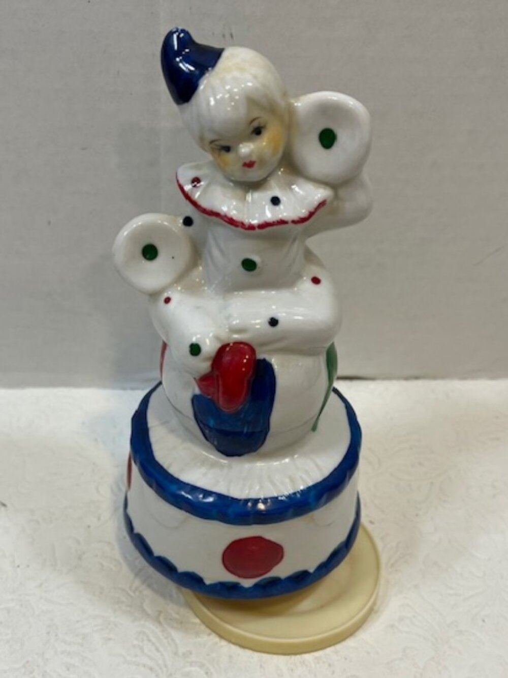 VTG Porcelain Polka Dot Clown Child Wind-Up Musical "This Old Man" Hand Painted